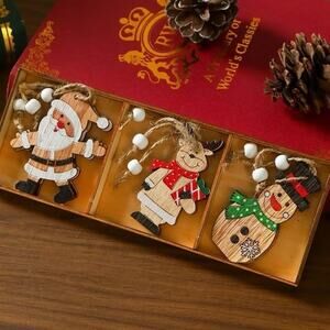 NEW Wooden Santa Reindeer Snowman Christmas Ornaments Set 9pc Holiday Decor